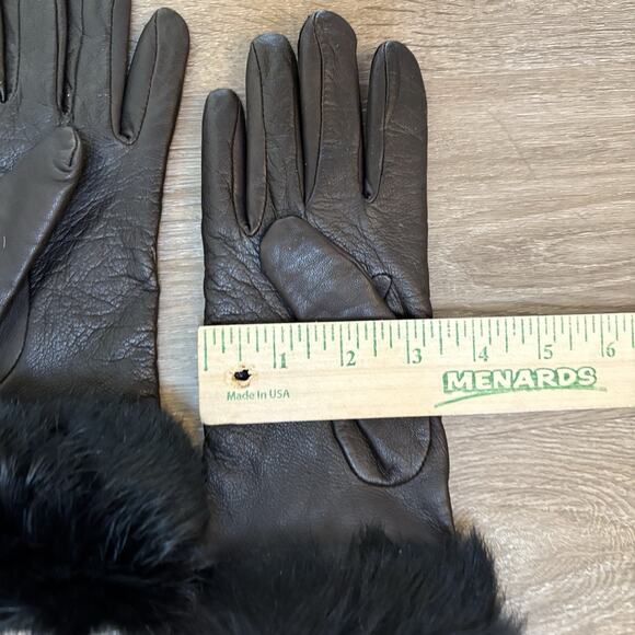 Women’s Brown Leather Gloves w/ Real Black Fur Cuffs Size M Lined WPL 9633 Chic - Picture 7 of 11